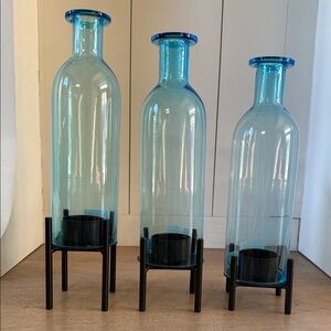 OPEN BOX Set of 3 Yankee Candle Aqua Glass Bottles with Votive Stands